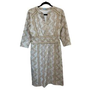 J McLaughlin M Lola Dress 3/4 Sleeve Split V-Neck Geometric Print Jersey Tan